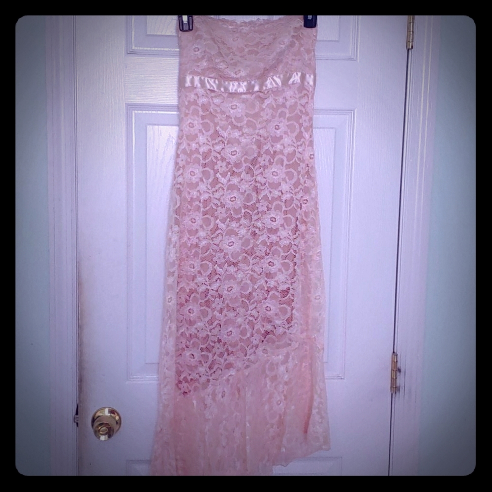 Blush strapless lace dress
